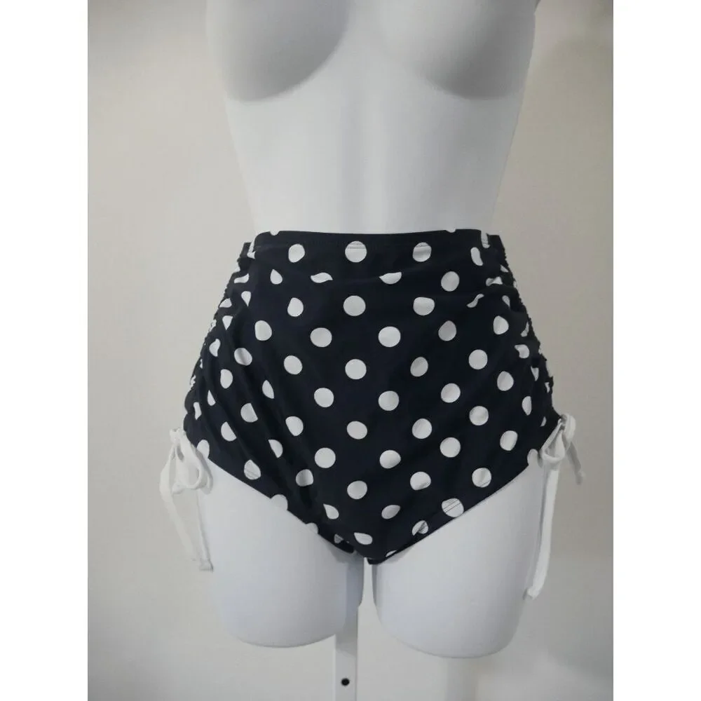 Unique Vintage Navy & White Polka Dot High-Waisted Side Ties Swim Bottoms – S
